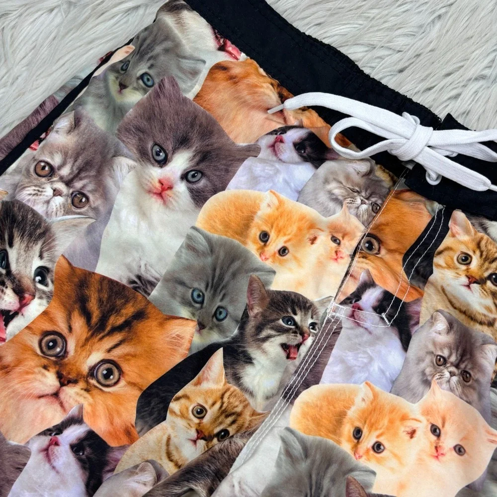 Bioworld Men's L Kitten Cat Face Printed Swim Trunks Shorts Mesh Liner Novelty